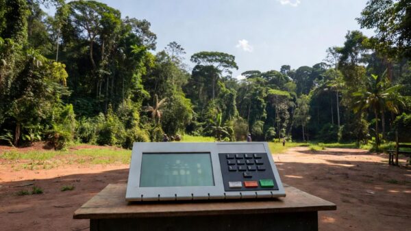 Urna eletrônica em local de votação em Rondônia durante pesquisa para governo