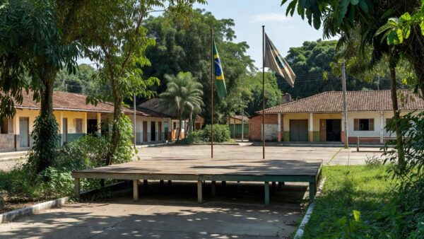 Palanque político vazio em praça de Porto Velho, Rondônia, representando pré-candidatura ao governo