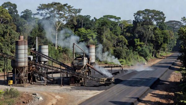Usina de asfalto em Rondônia com estrada pavimentada ao lado