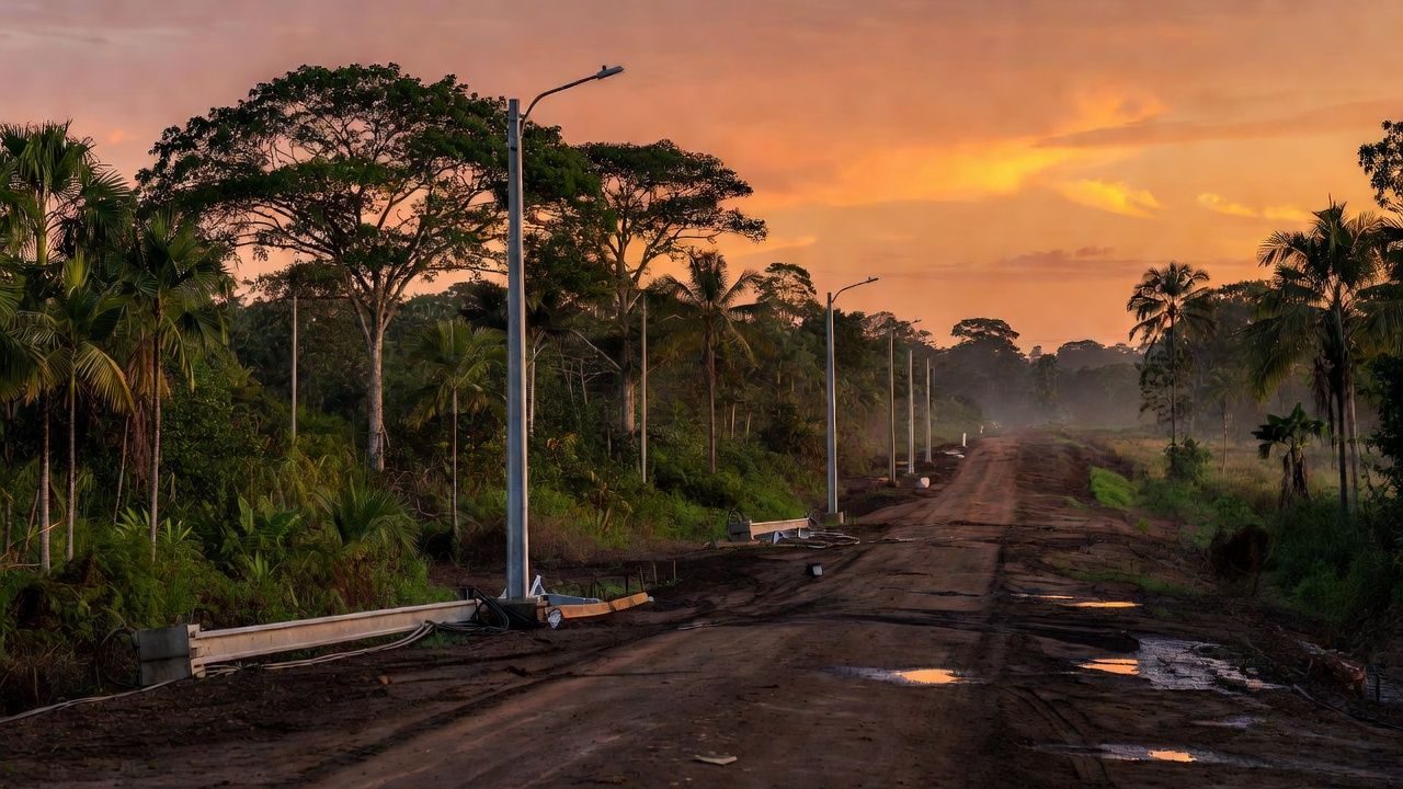 Estrada rural Ramal Uberaba com postes de iluminação sendo instalados