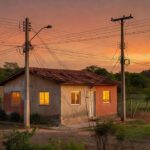 Casa brasileira com luzes acesas e rede elétrica representando contas de energia