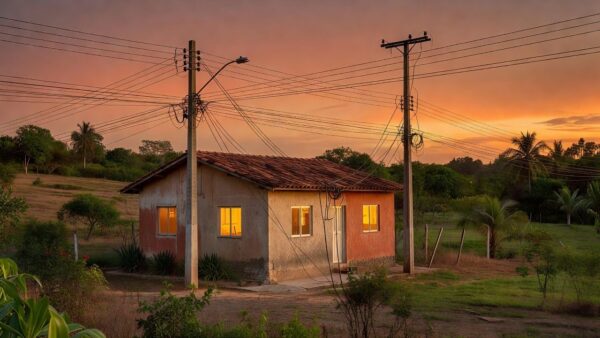 Casa brasileira com luzes acesas e rede elétrica representando contas de energia