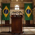 Púlpito com microfones e bandeiras do Brasil em anúncio eleitoral