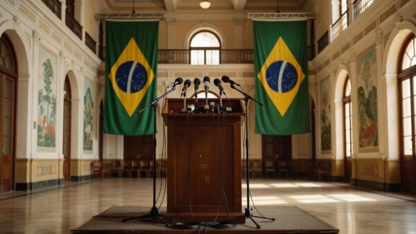 Púlpito com microfones e bandeiras do Brasil em anúncio eleitoral