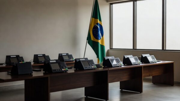Sala do TSE com urnas eletrônicas representando combate à desinformação nas eleições