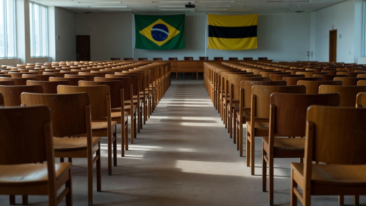 Sala de convenção política vazia com bandeiras do Partido Novo