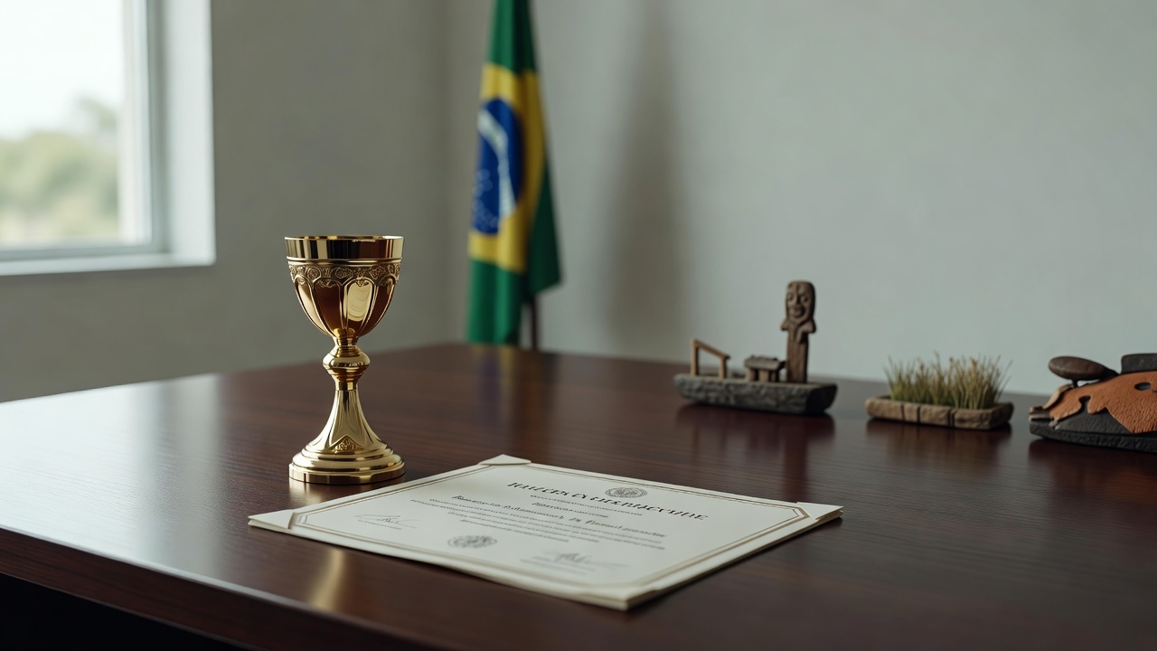 Troféu de premiação Rising Star do Sicredi representando jovens de Rondônia e RS