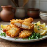 Peixe frito crocante em prato com limão em cozinha brasileira