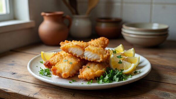 Peixe frito crocante em prato com limão em cozinha brasileira