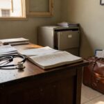Consultório médico com agenda e mala representando planejamento de viagens e atendimentos