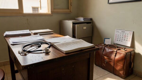 Consultório médico com agenda e mala representando planejamento de viagens e atendimentos