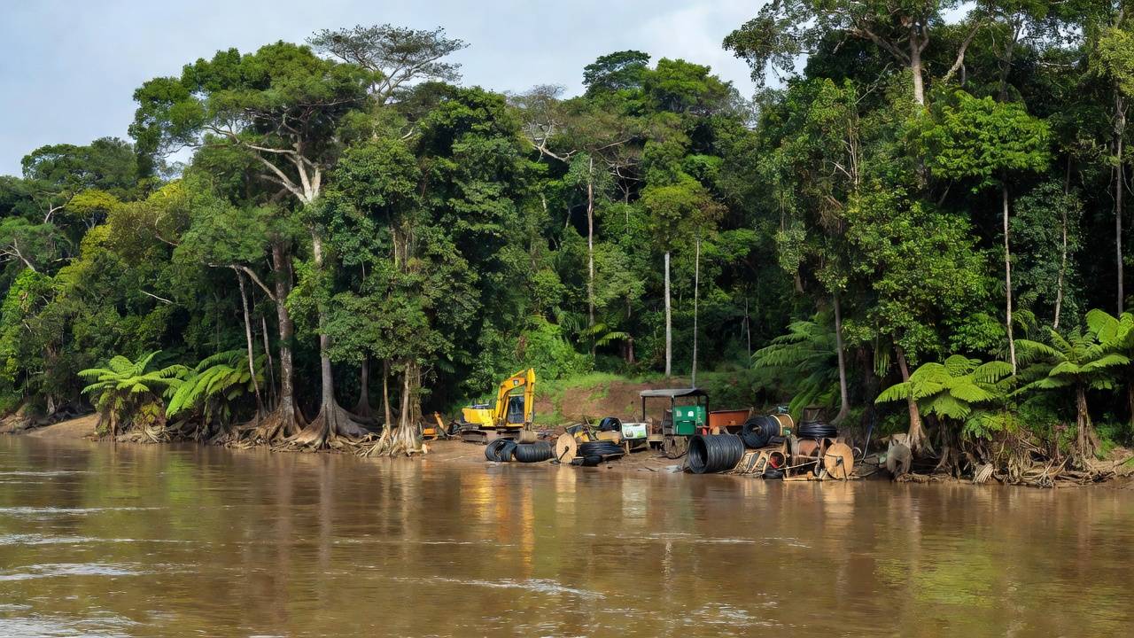 Obras de instalação de fibra óptica no Rio Madeira na Amazônia