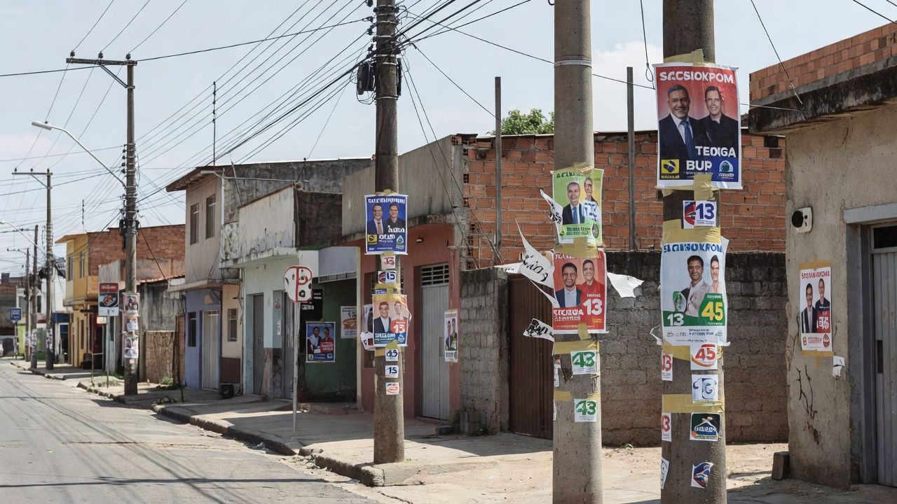 Rua brasileira com propaganda eleitoral para as eleições de 2026