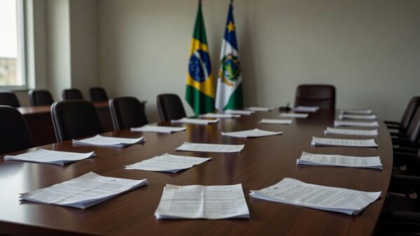 Sala de reuniões com bandeiras do Brasil e Rondônia representando decisão política do MDB