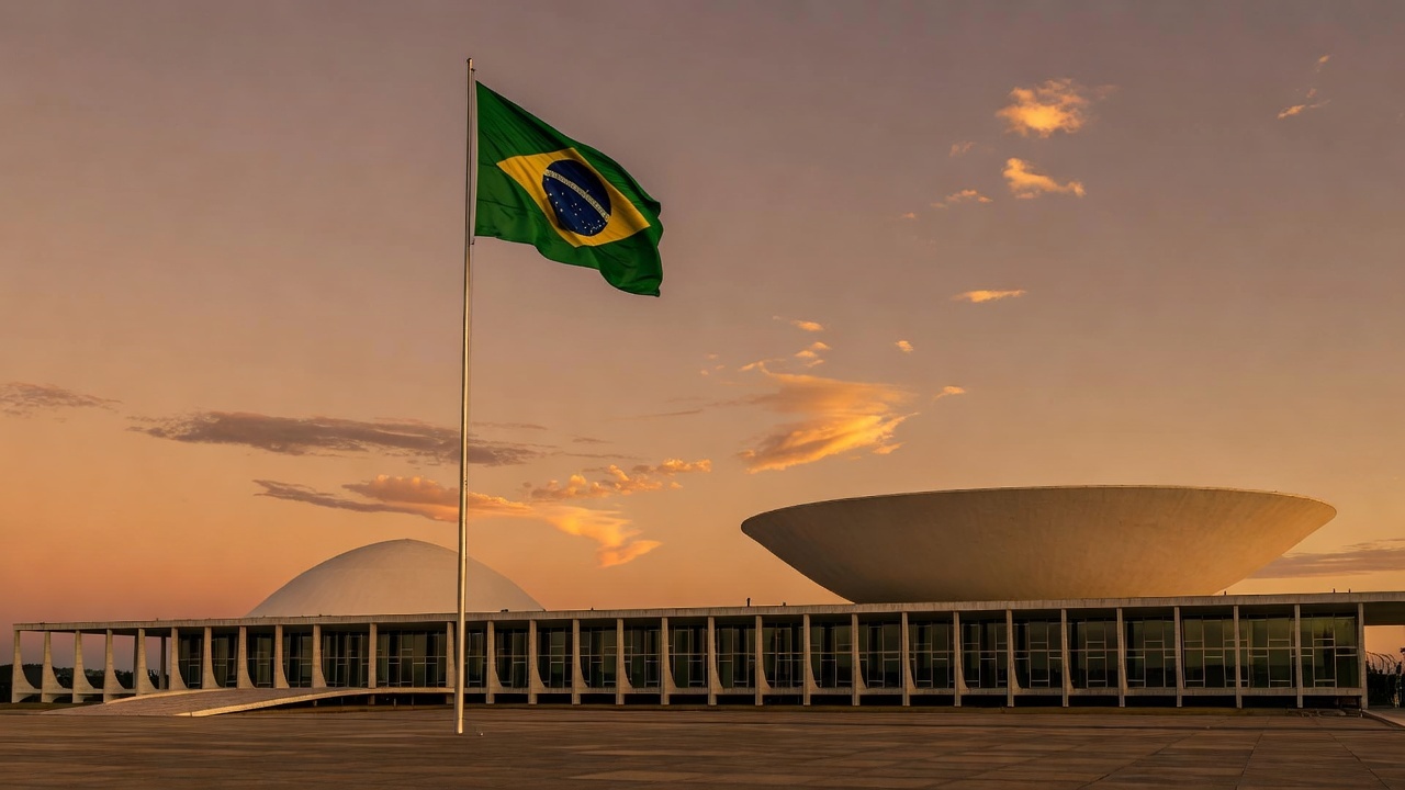 Congresso Nacional em Brasília com bandeira do Brasil, representando candidatura ao Senado