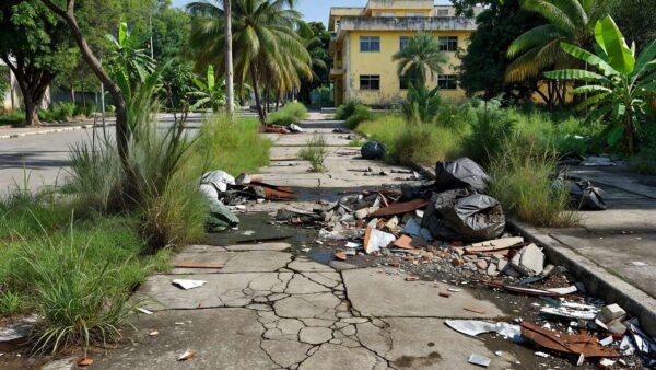 Calçada com mato e entulho em frente ao Colégio 21 de Abril