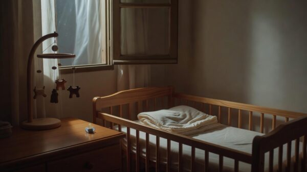 Quarto de bebê à noite com berço e luz da lua, simbolizando sono infantil