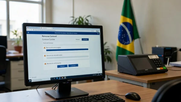 Tela de computador representando remoção de fake news pela Justiça Eleitoral no Brasil