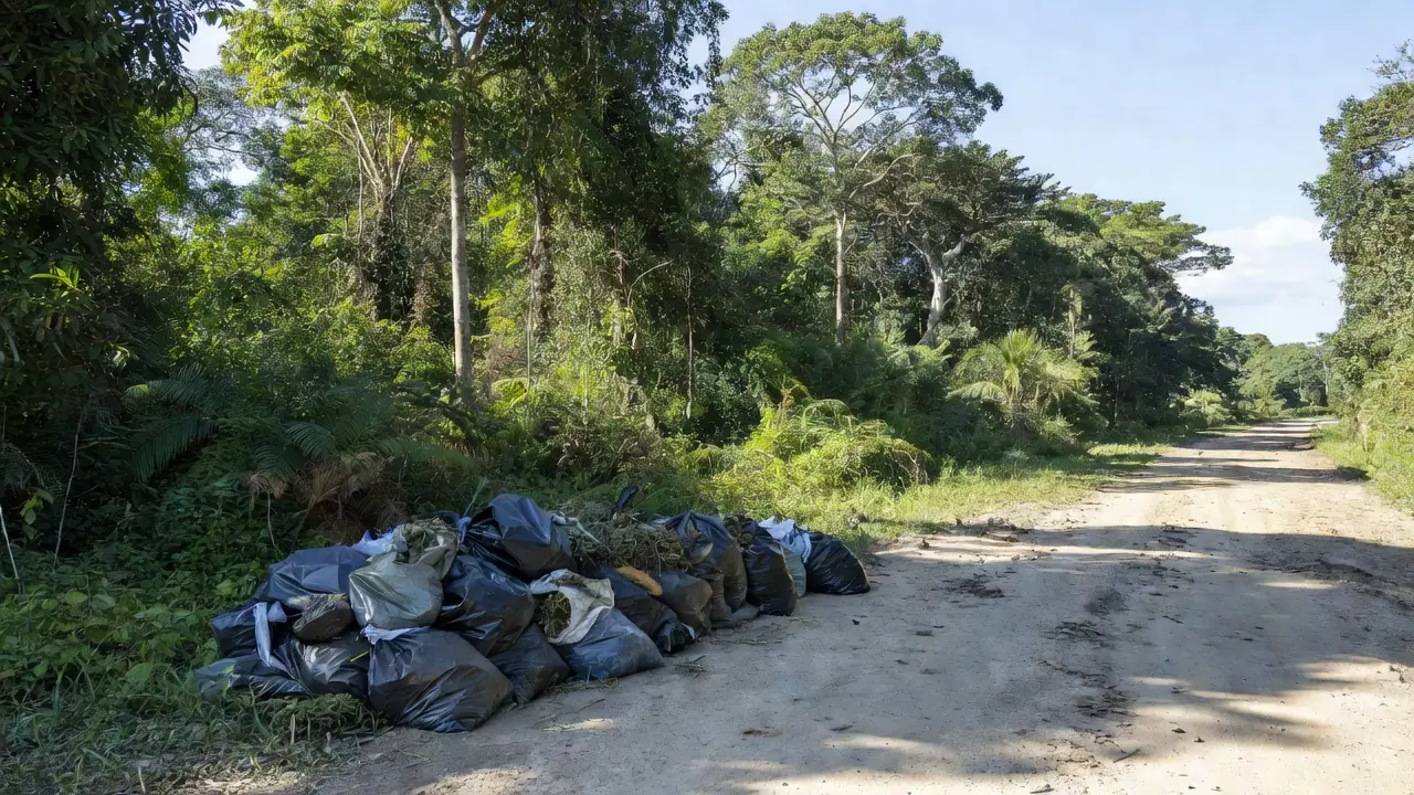 Pacotes de skunk apreendidos abandonados em estrada rural de São Francisco do Guaporé