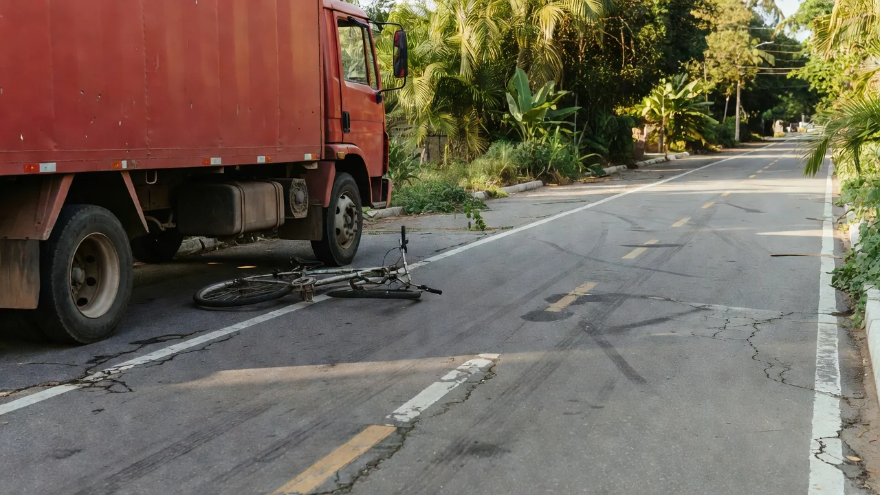 Cena de acidente em ciclovia de Porto Velho com caminhão e bicicleta danificada