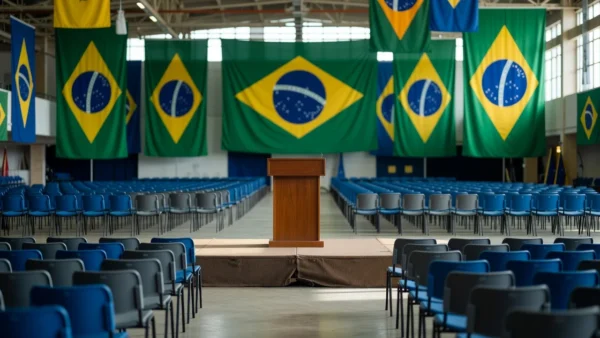 Salão de convenções com bandeiras do Brasil representando candidatura do PCB à Presidência