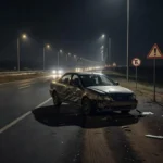 Rodovia brasileira com carro acidentado simbolizando lei contra motoristas embriagados