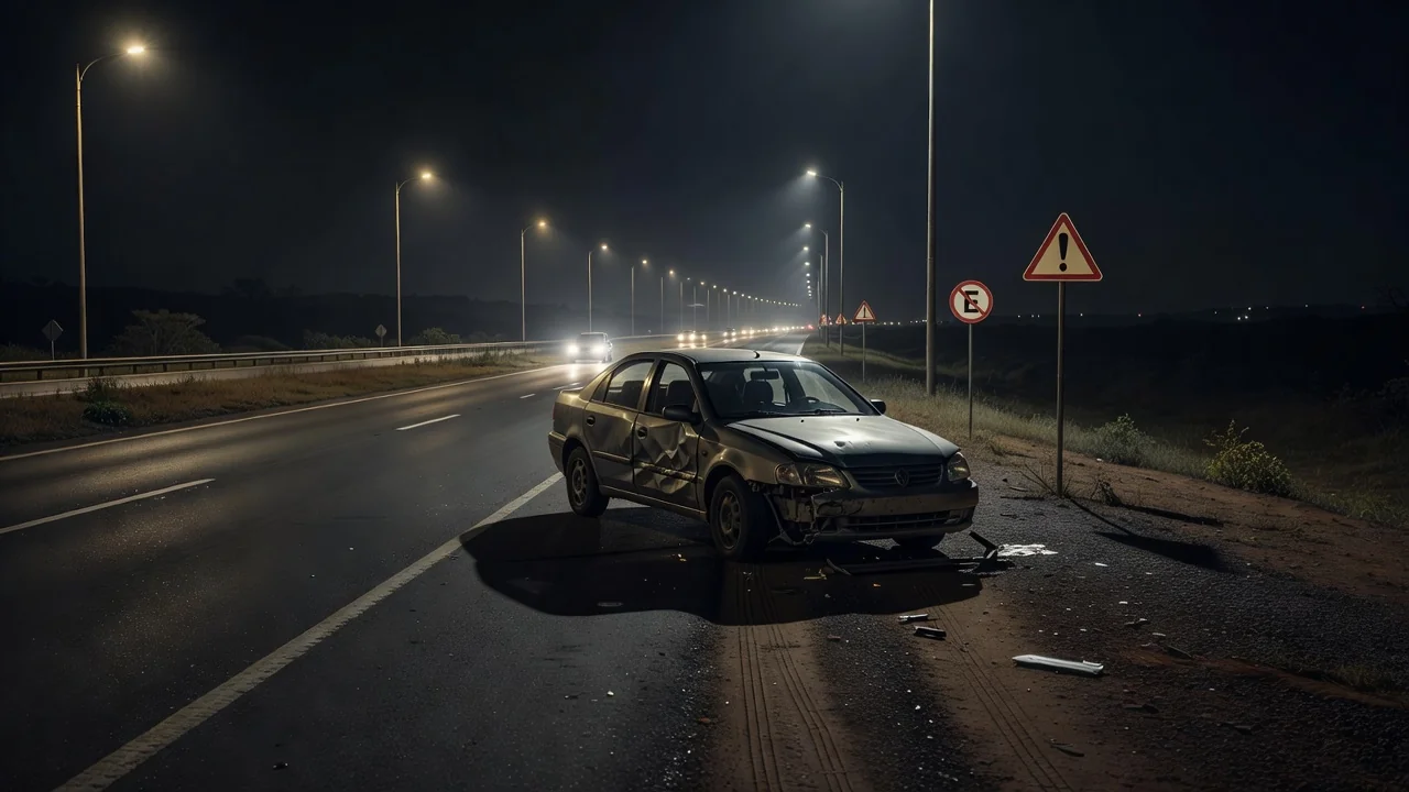 Rodovia brasileira com carro acidentado simbolizando lei contra motoristas embriagados