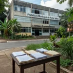 Fachada da prefeitura de Porto Velho com documentos representando a prorrogação do Refis 2026