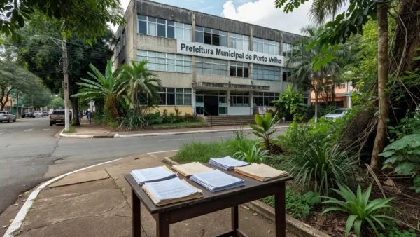 Fachada da prefeitura de Porto Velho com documentos representando a prorrogação do Refis 2026