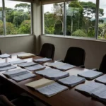 Sala de reuniões do TCE-RO com documentos fiscais em Rondônia