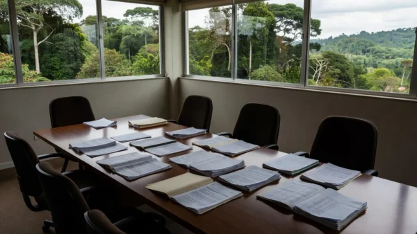 Sala de reuniões do TCE-RO com documentos fiscais em Rondônia