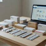 Farmácia brasileira com prateleiras de medicamentos e computador para venda em e-commerce