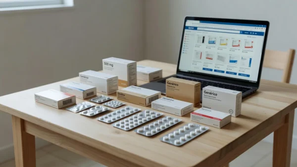 Farmácia brasileira com prateleiras de medicamentos e computador para venda em e-commerce