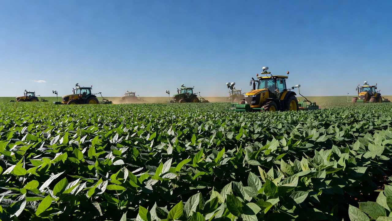 Lavoura de soja com tecnologia agrícola no Brasil para Agrotec