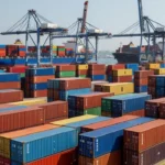 Terminal portuário brasileiro com contêineres simbolizando comércio mundial
