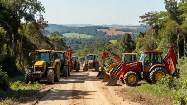 Máquinas pesadas em área rural de Rio Crespo, Rondônia, para contratação de equipamentos públicos.