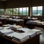 Salão da Assembleia Legislativa de Rondônia com documentos financeiros representando rombo nas contas públicas