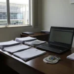 Escritório da Sesdec com distintivo policial e vista para assembleia legislativa