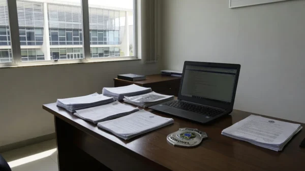 Escritório da Sesdec com distintivo policial e vista para assembleia legislativa