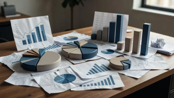 Gráficos e documentos com dados inflados em mesa de escritório