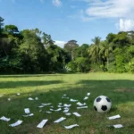 Campo de futebol em Porto Velho com bilhetes de rifa e bola para teste em clube