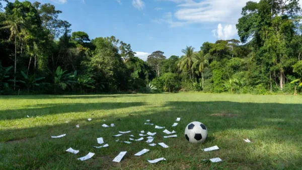 Campo de futebol em Porto Velho com bilhetes de rifa e bola para teste em clube