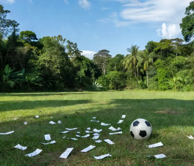 Campo de futebol em Porto Velho com bilhetes de rifa e bola para teste em clube