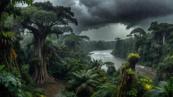 Chuva caindo na floresta amazônica no Norte do Brasil