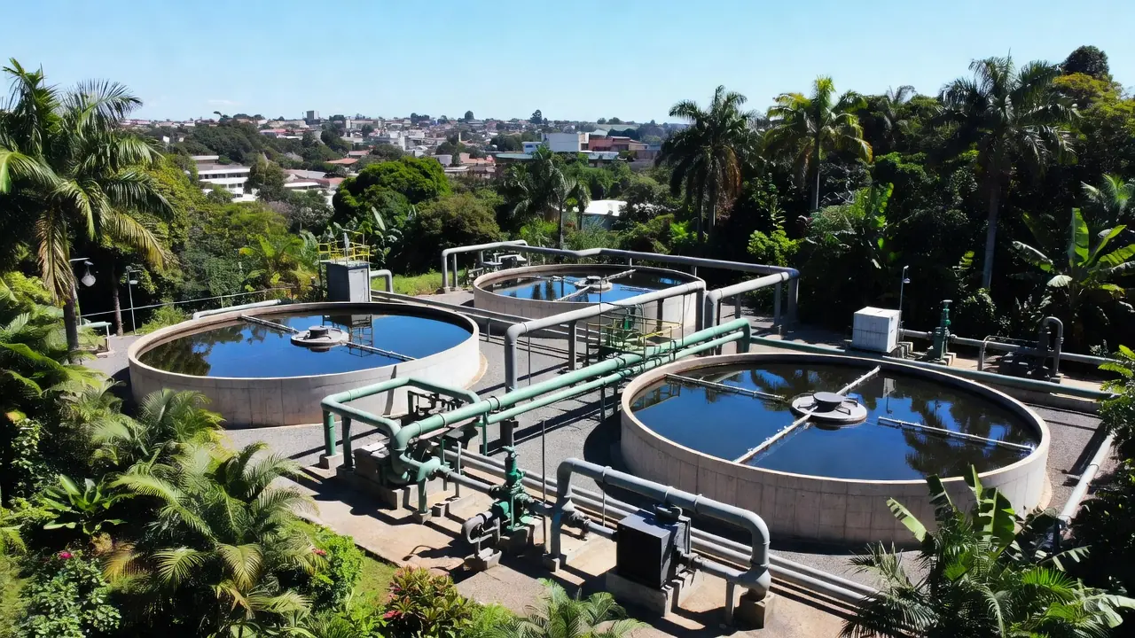 Estação de tratamento de água em Ariquemes com reservatórios e tubulações modernas