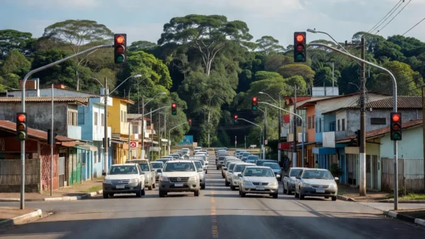 Semáforos e cruzamento em Ariquemes com carros parados