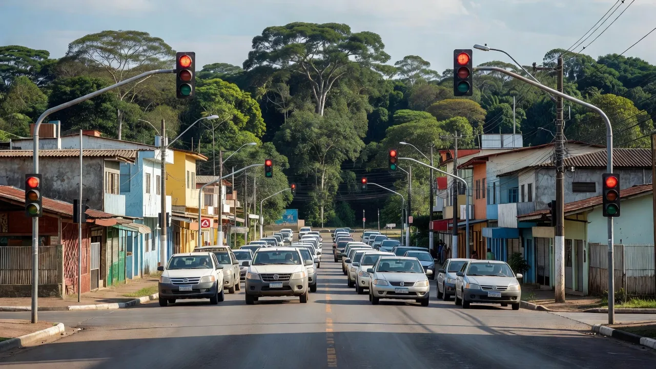 Semáforos e cruzamento em Ariquemes com carros parados