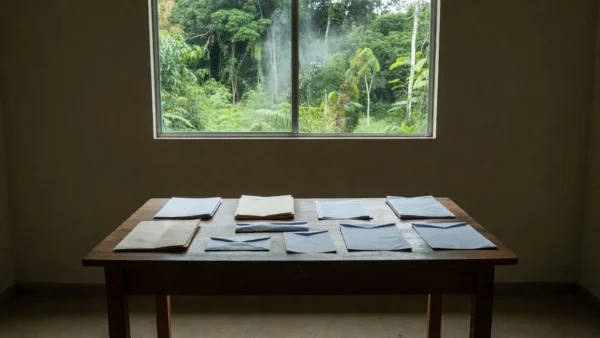 Documentos e verbas eleitorais limitadas em mesa em escritório em Rondônia