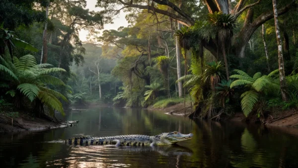 Jacaré na Reserva Cuniã simbolizando manejo sustentável na Amazônia