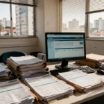 Documentos fiscais e computador representando NFS-e nacional no Simples Nacional